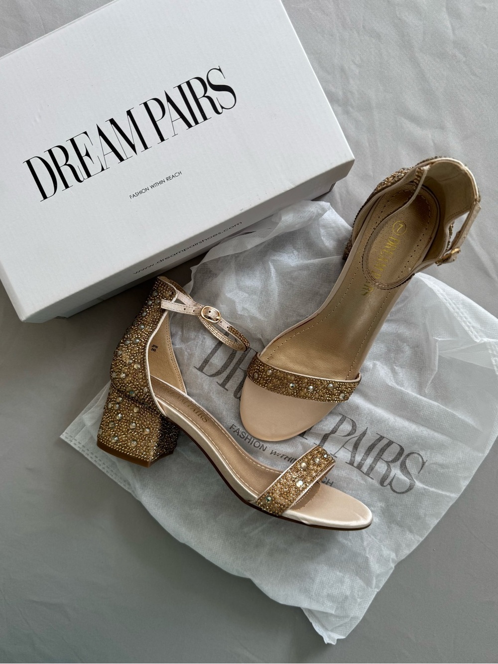 Dream Pairs Champagne Gold Crystal Block Heel Sandals